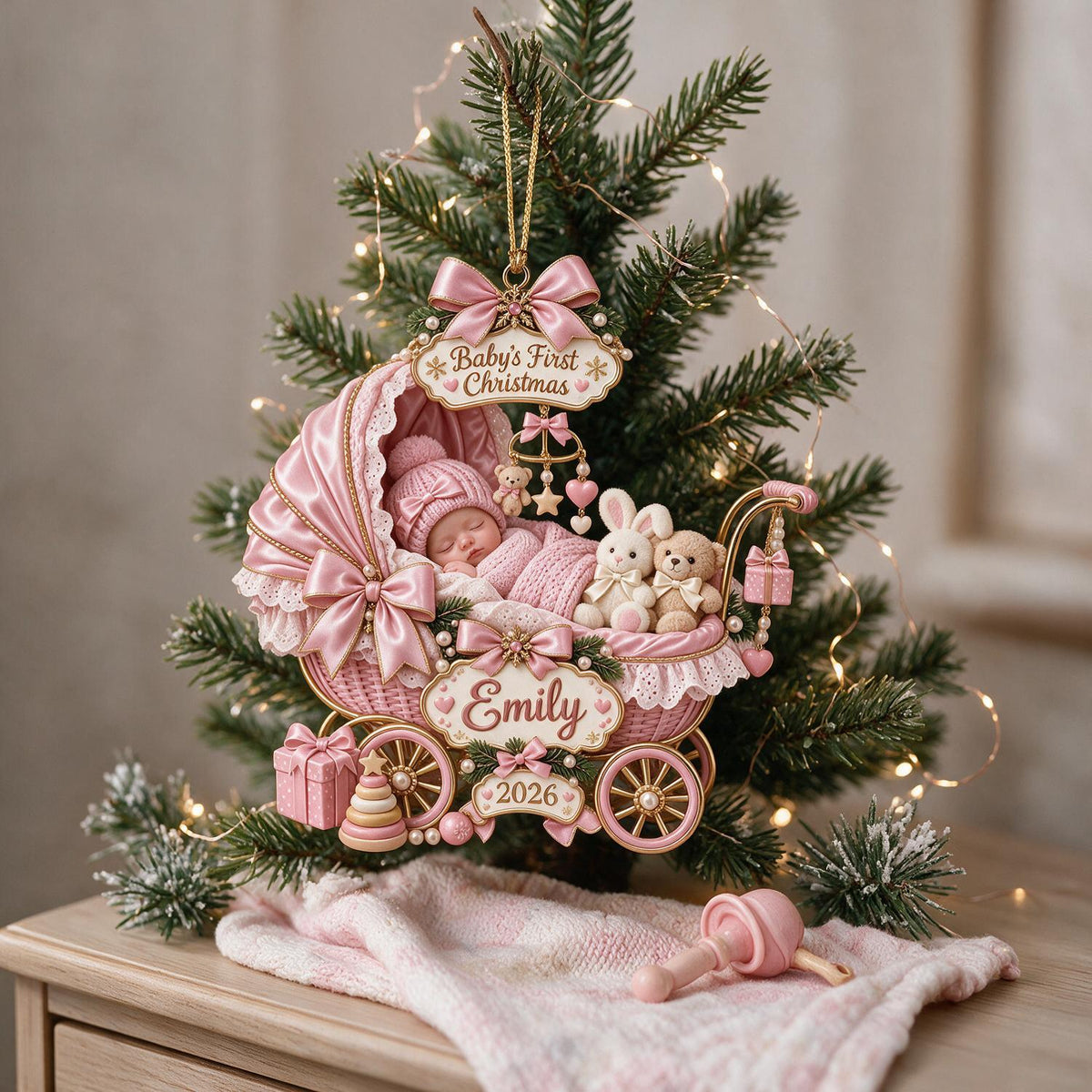 Personalized Christmas Baby in Carriage Ornament, Custom Baby's First Christmas Keepsake Gift