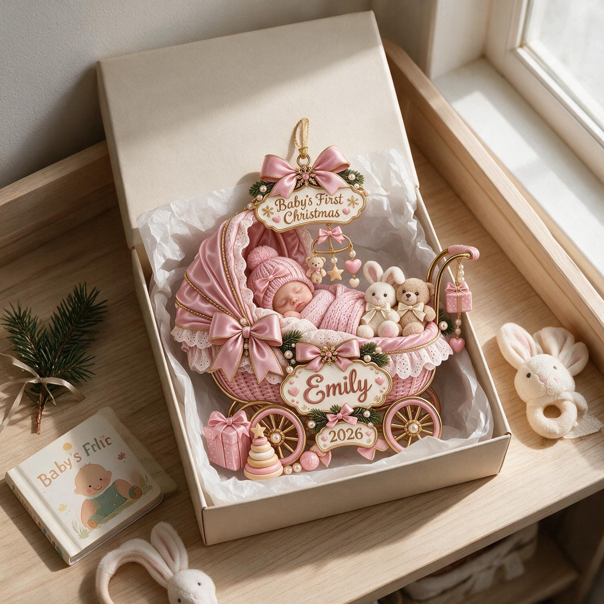 Personalized Christmas Baby in Carriage Ornament, Custom Baby's First Christmas Keepsake Gift