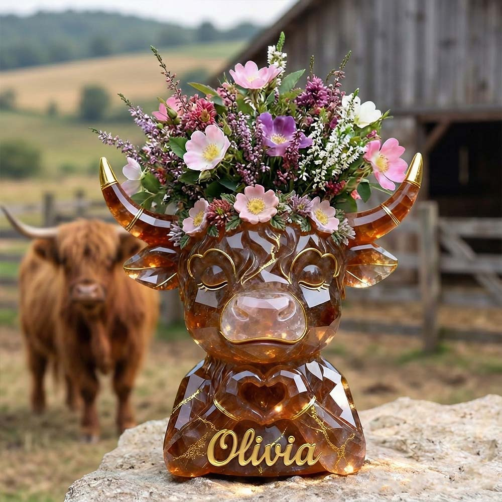 Vache des Highlands avec mains en forme de cœur - Vase à fleurs en acrylique personnalisé en forme de vache des Highlands