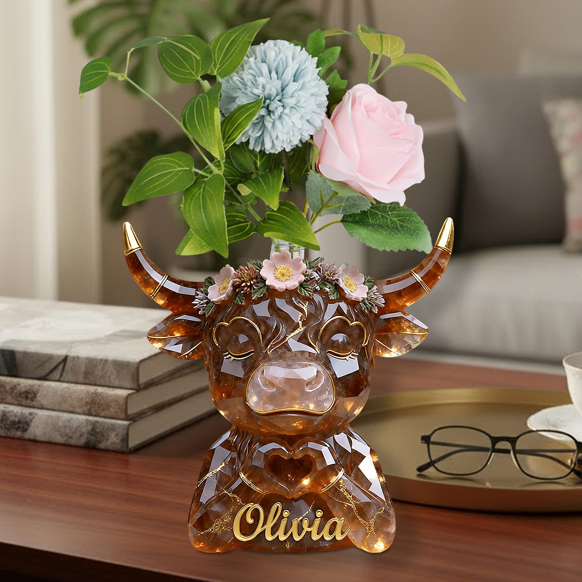 Vache des Highlands avec mains en forme de cœur - Vase à fleurs en acrylique personnalisé en forme de vache des Highlands