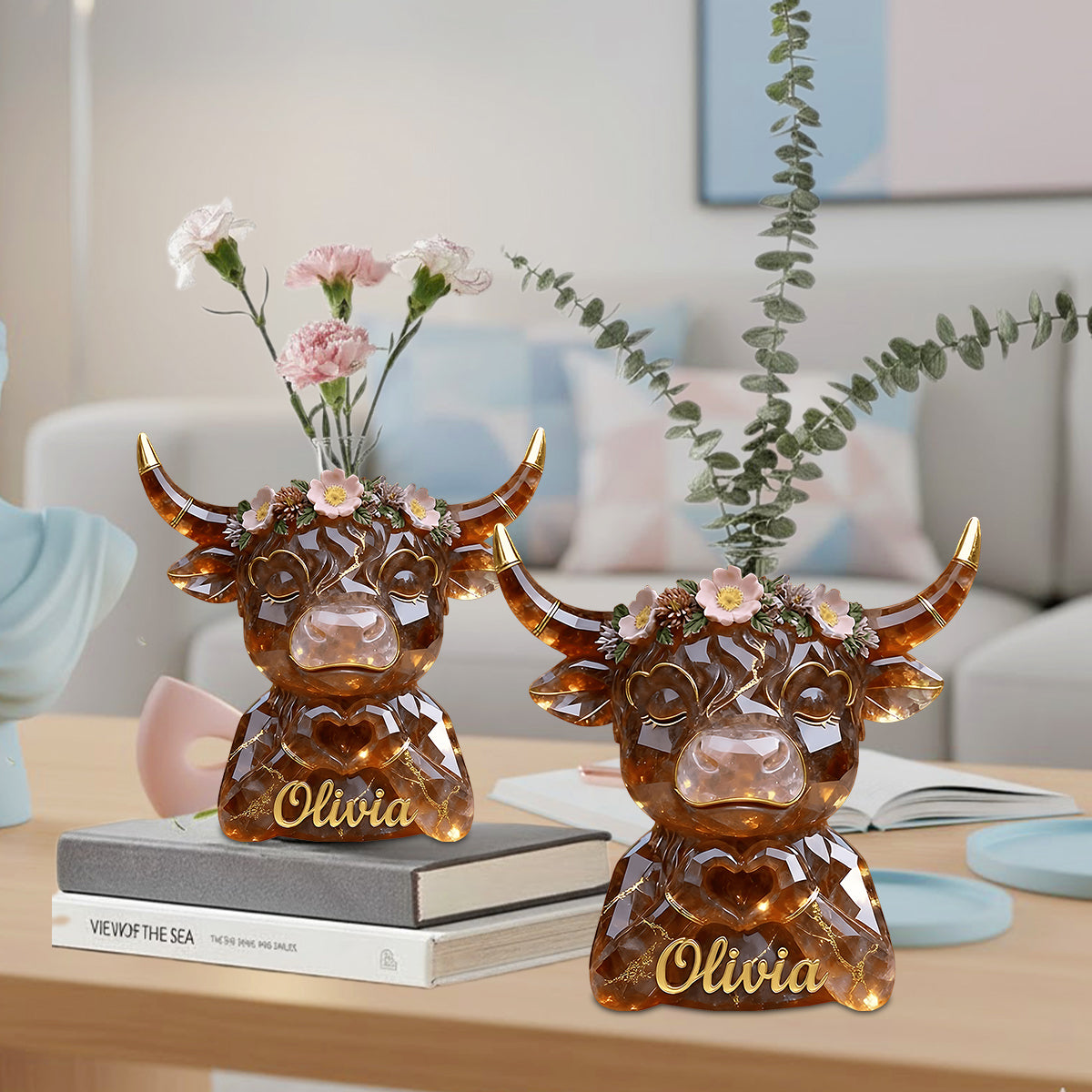 Vache des Highlands avec mains en forme de cœur - Vase à fleurs en acrylique personnalisé en forme de vache des Highlands
