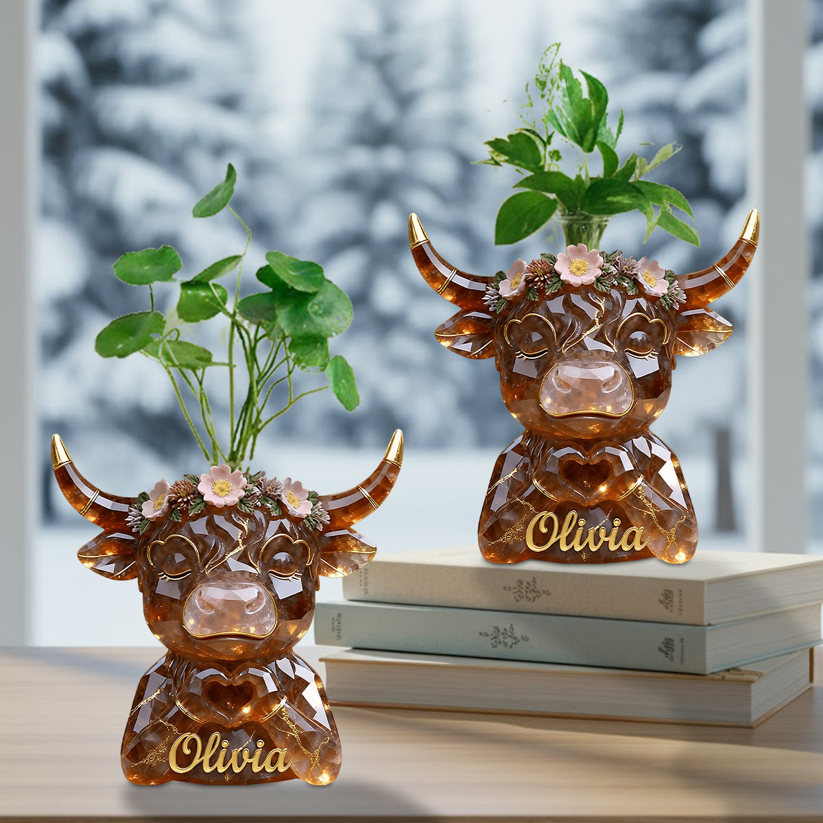 Vache des Highlands avec mains en forme de cœur - Vase à fleurs en acrylique personnalisé en forme de vache des Highlands