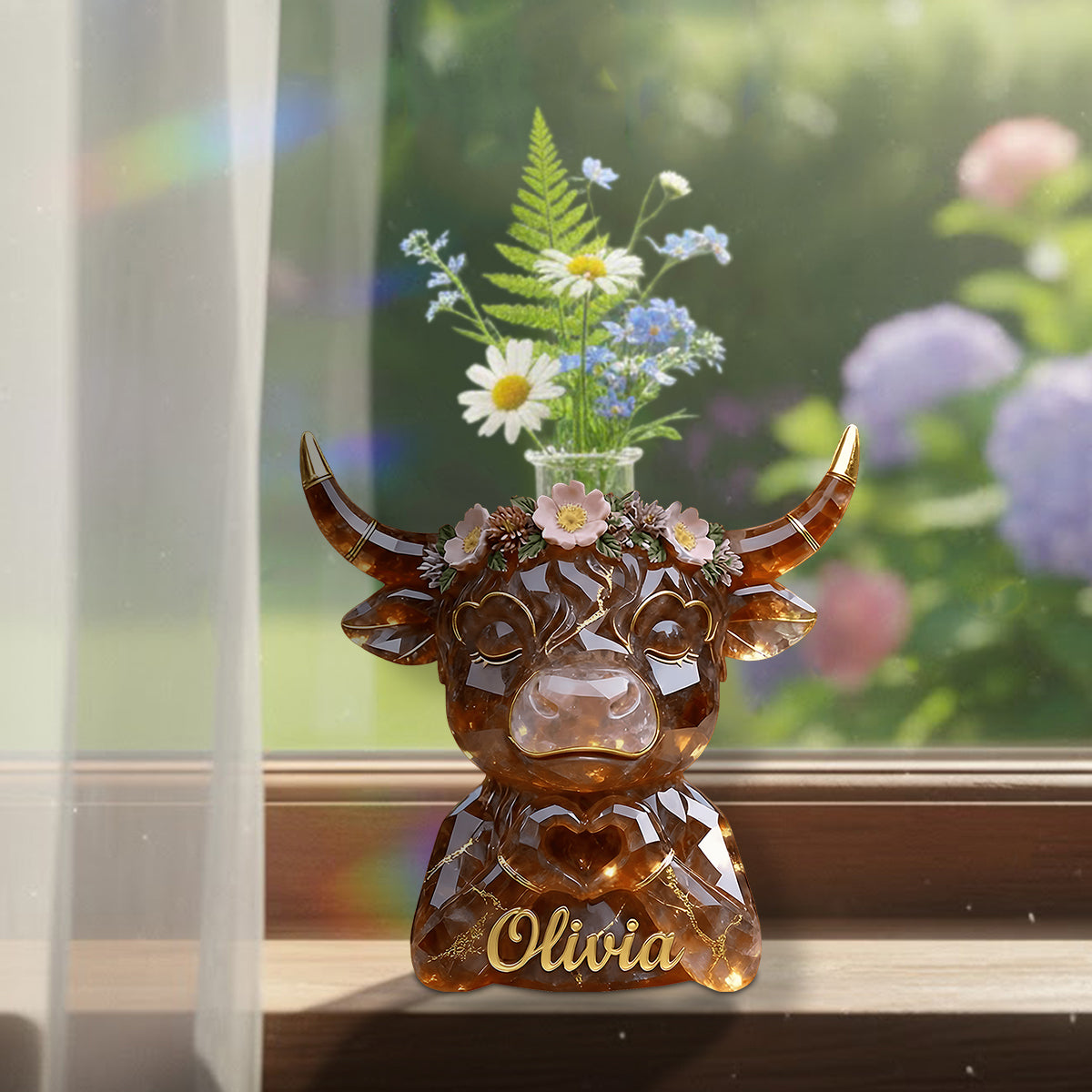Vache des Highlands avec mains en forme de cœur - Vase à fleurs en acrylique personnalisé en forme de vache des Highlands