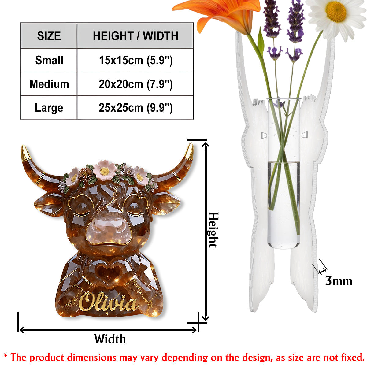 Vache des Highlands avec mains en forme de cœur - Vase à fleurs en acrylique personnalisé en forme de vache des Highlands