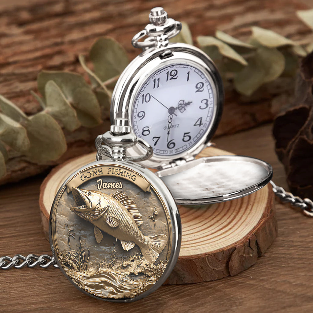 Montre de poche de pêche personnalisée « Parti pêcher »