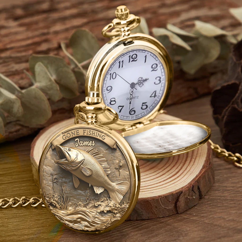 Montre de poche de pêche personnalisée « Parti pêcher »