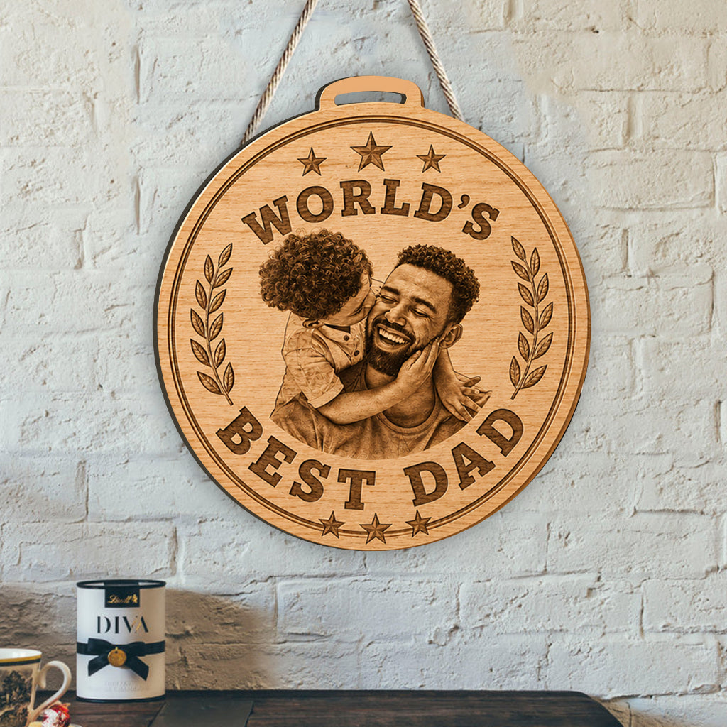 Médaillon Géant Amusant Meilleur Papa du Monde Photo Personnalisée - Panneau en Bois Personnalisé avec Écharpe