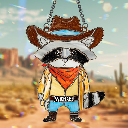 Cowboy Raccoon Stained Glass - Personalized Raccoon Window Hanging Suncatcher Ornament