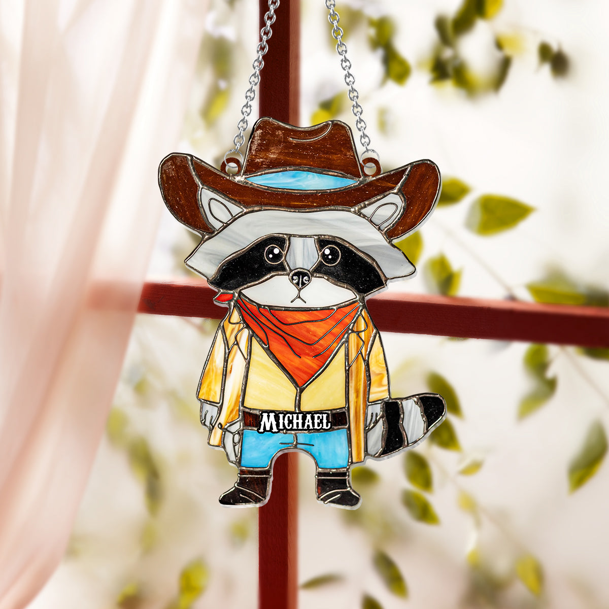 Cowboy Raccoon Stained Glass - Personalized Raccoon Window Hanging Suncatcher Ornament