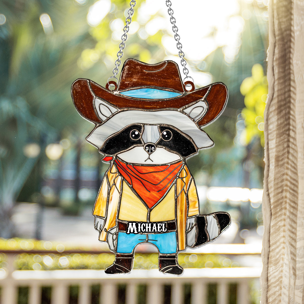 Cowboy Raccoon Stained Glass - Personalized Raccoon Window Hanging Suncatcher Ornament