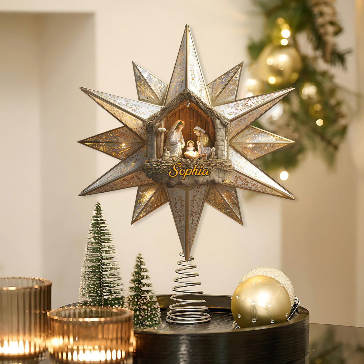 Star Of Bethlehem, Nativity Scene - Personalized Christian LED Light Tree Topper