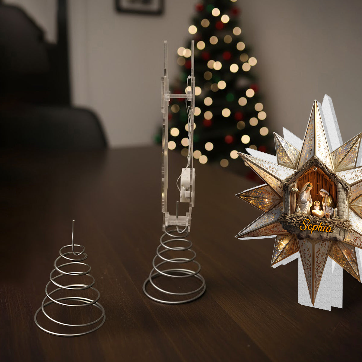 Star Of Bethlehem, Nativity Scene - Personalized Christian LED Light Tree Topper