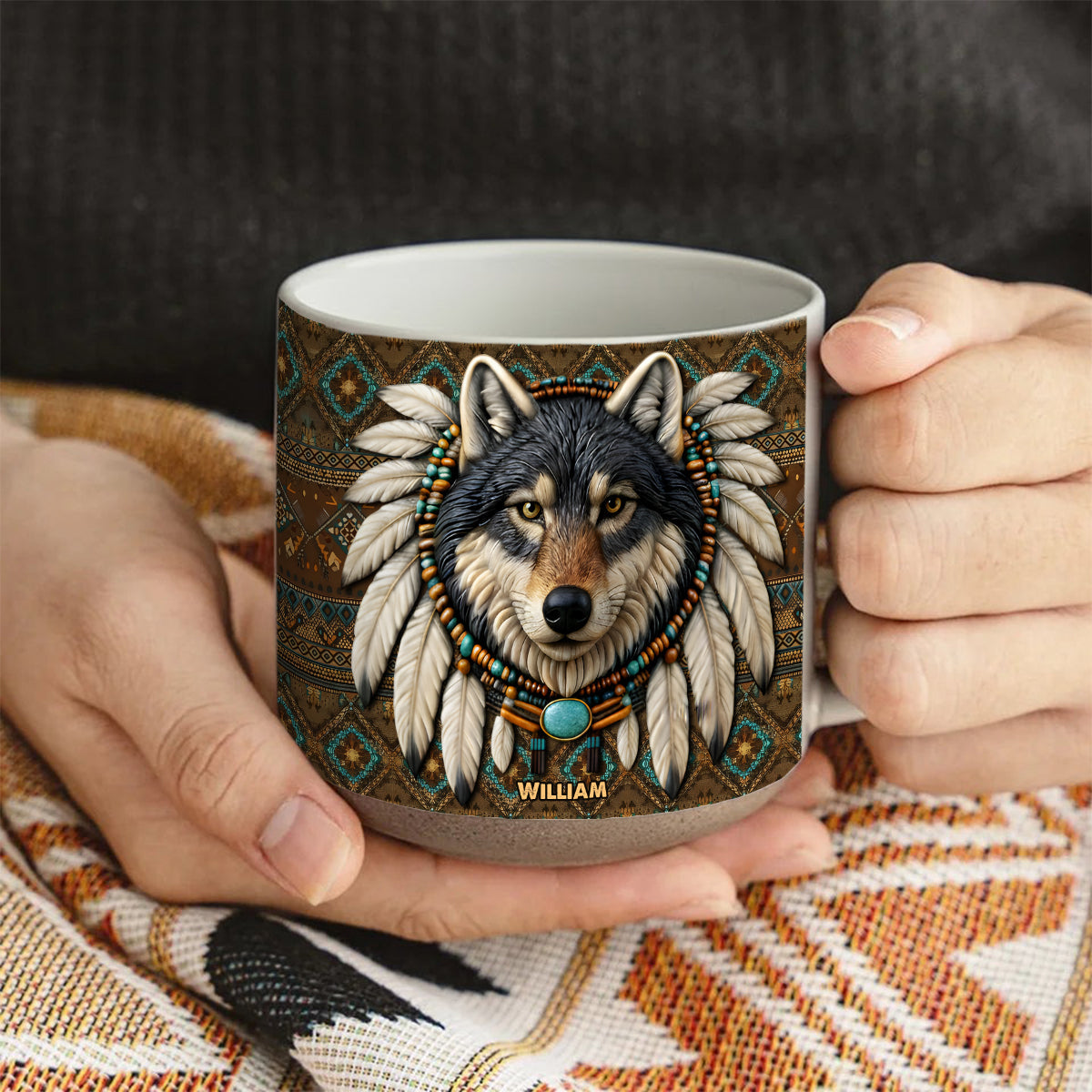 Personalisierter Becher mit Indianermotiv und Wolfsmotiv