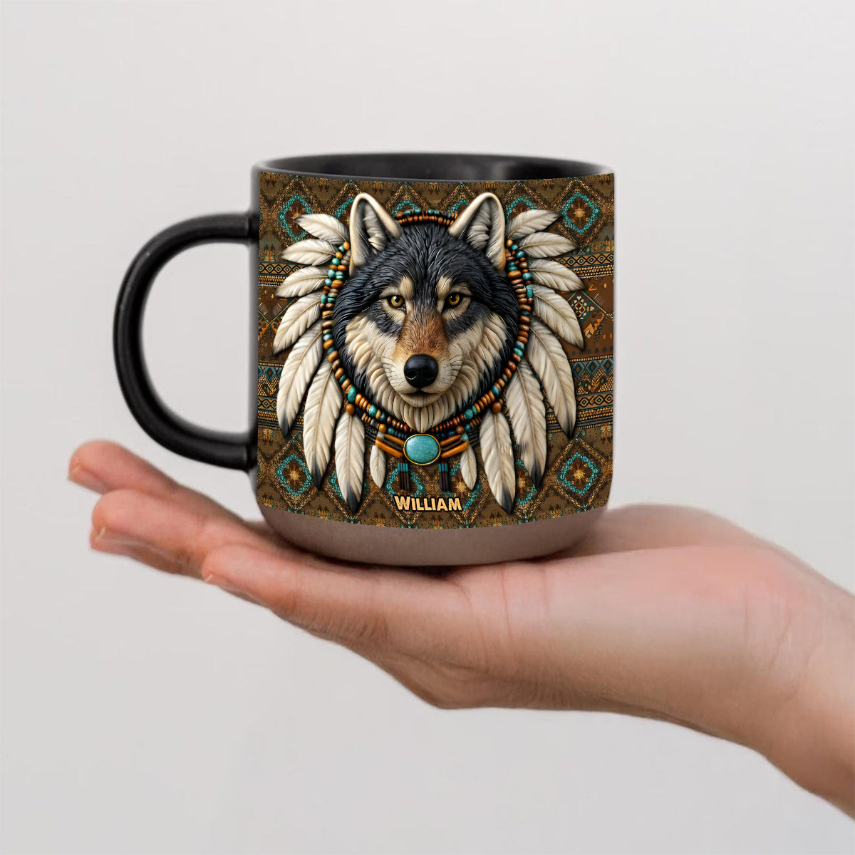 Personalisierter Becher mit Indianermotiv und Wolfsmotiv