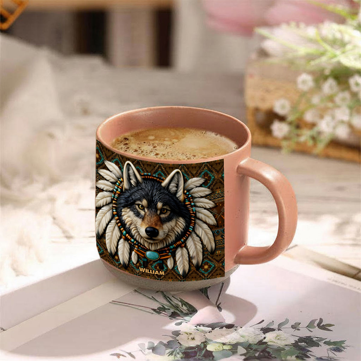 Personalisierter Becher mit Indianermotiv und Wolfsmotiv