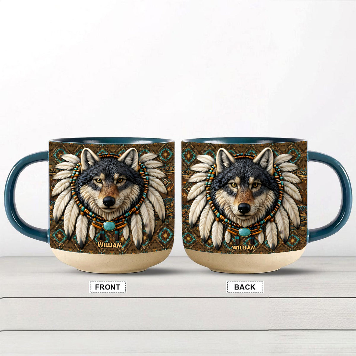Personalisierter Becher mit Indianermotiv und Wolfsmotiv
