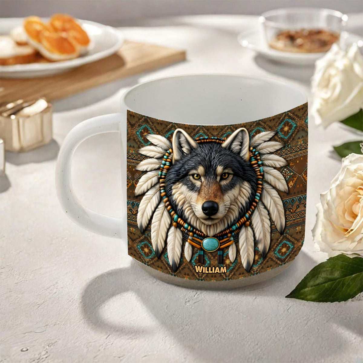 Personalisierter Becher mit Indianermotiv und Wolfsmotiv