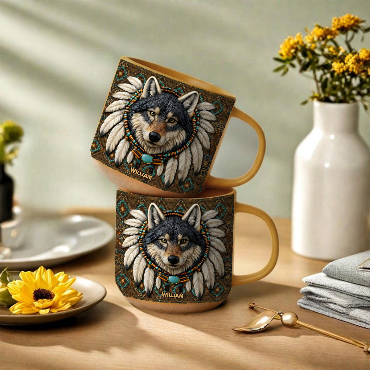 Personalisierter Becher mit Indianermotiv und Wolfsmotiv