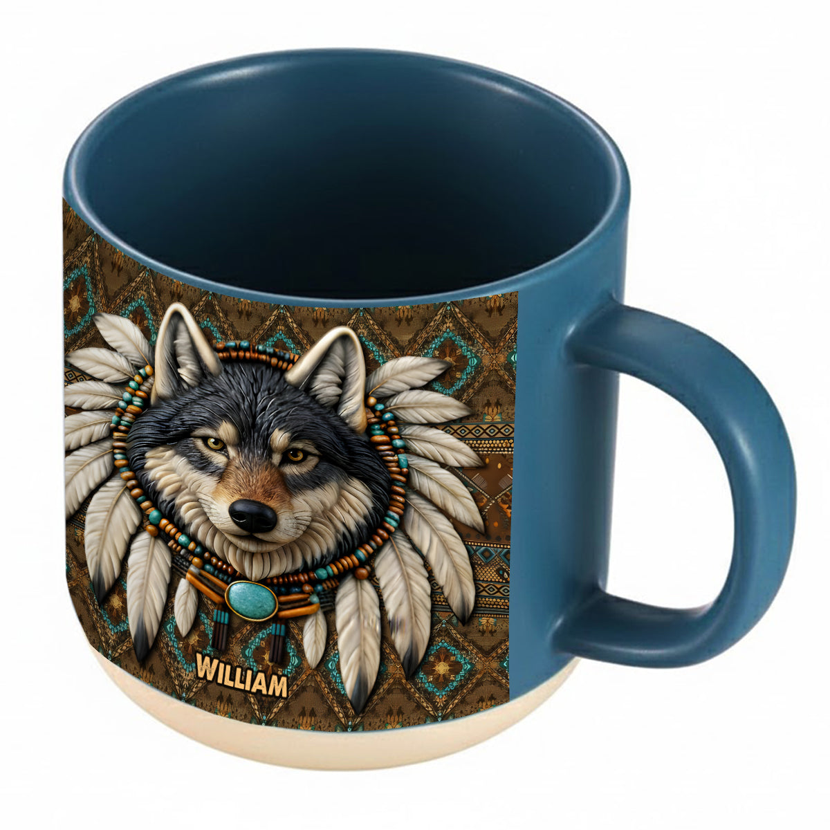 Personalisierter Becher mit Indianermotiv und Wolfsmotiv