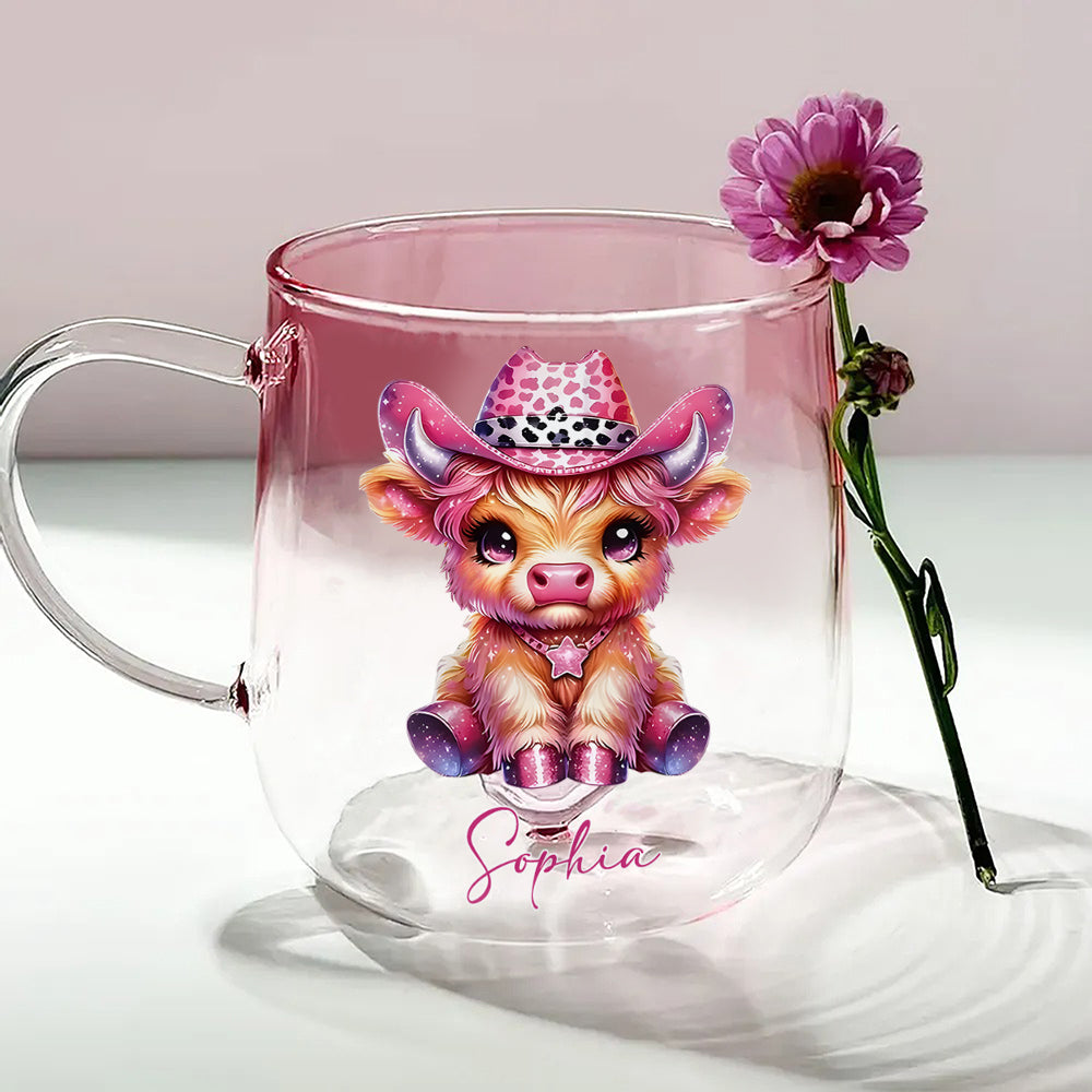 Niedliche Hochlandkuh – Personalisierter Glasbecher mit Farbverlauf und Hochlandkuh-Motiv