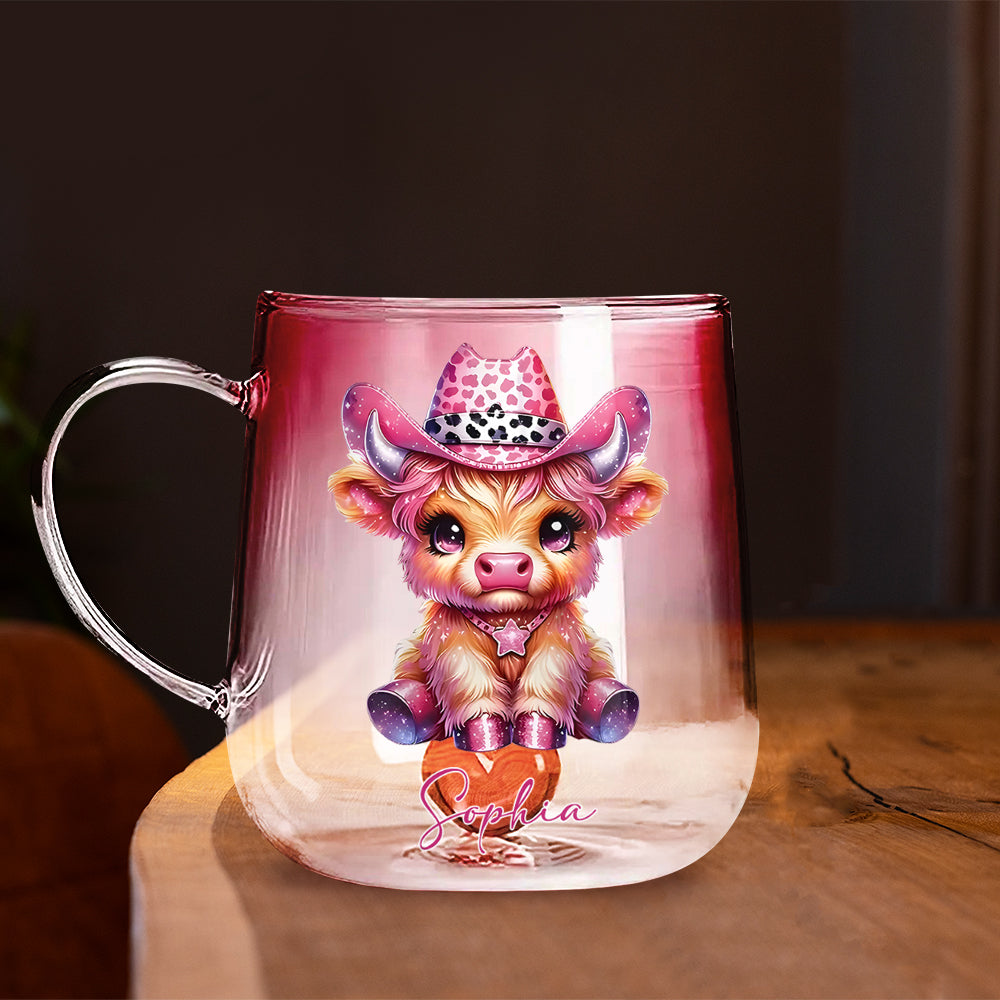 Niedliche Hochlandkuh – Personalisierter Glasbecher mit Farbverlauf und Hochlandkuh-Motiv
