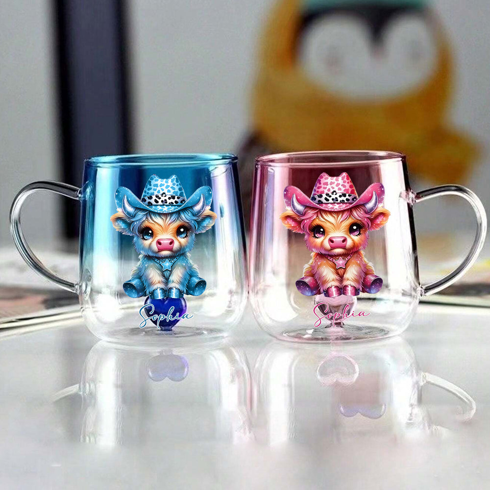 Niedliche Hochlandkuh – Personalisierter Glasbecher mit Farbverlauf und Hochlandkuh-Motiv
