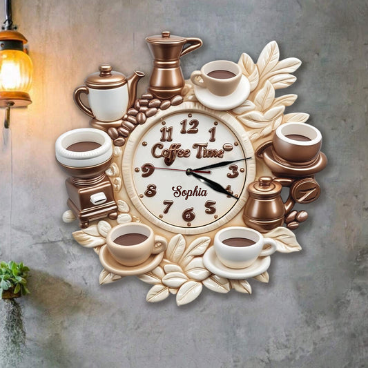 L'heure du café - Horloge murale lumineuse LED personnalisée sur le thème du café