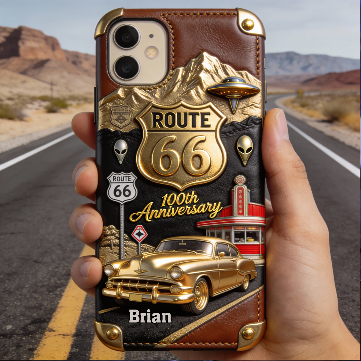 Route 66 100-jähriges Jubiläum – Personalisierte Handyhülle aus Leder für Autoliebhaber