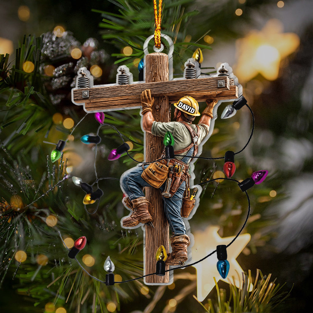 Lineman Ornament With Real Christmas String Light - Personalized Lineman Miniature Light String Ornament