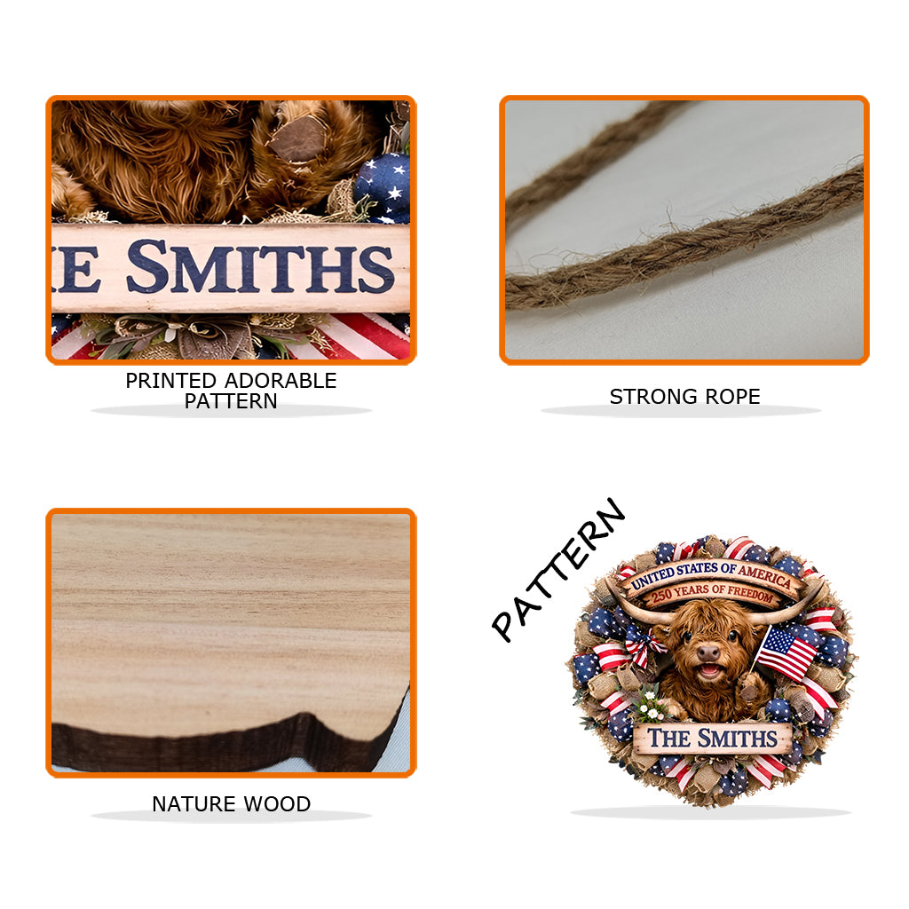 Highland Cow Celebrate 250th Anniversary - Personalized Highland Cow Shaped Wood Sign With Sash