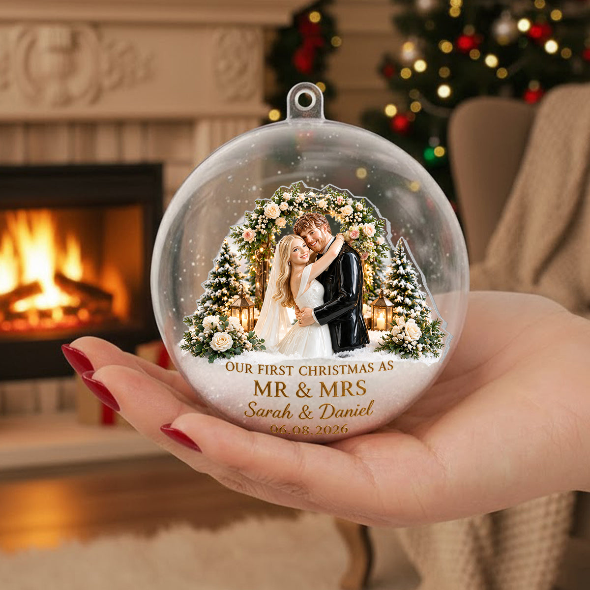 First Christmas Married - Personalized Couple Snow Globe Ornament With Bow