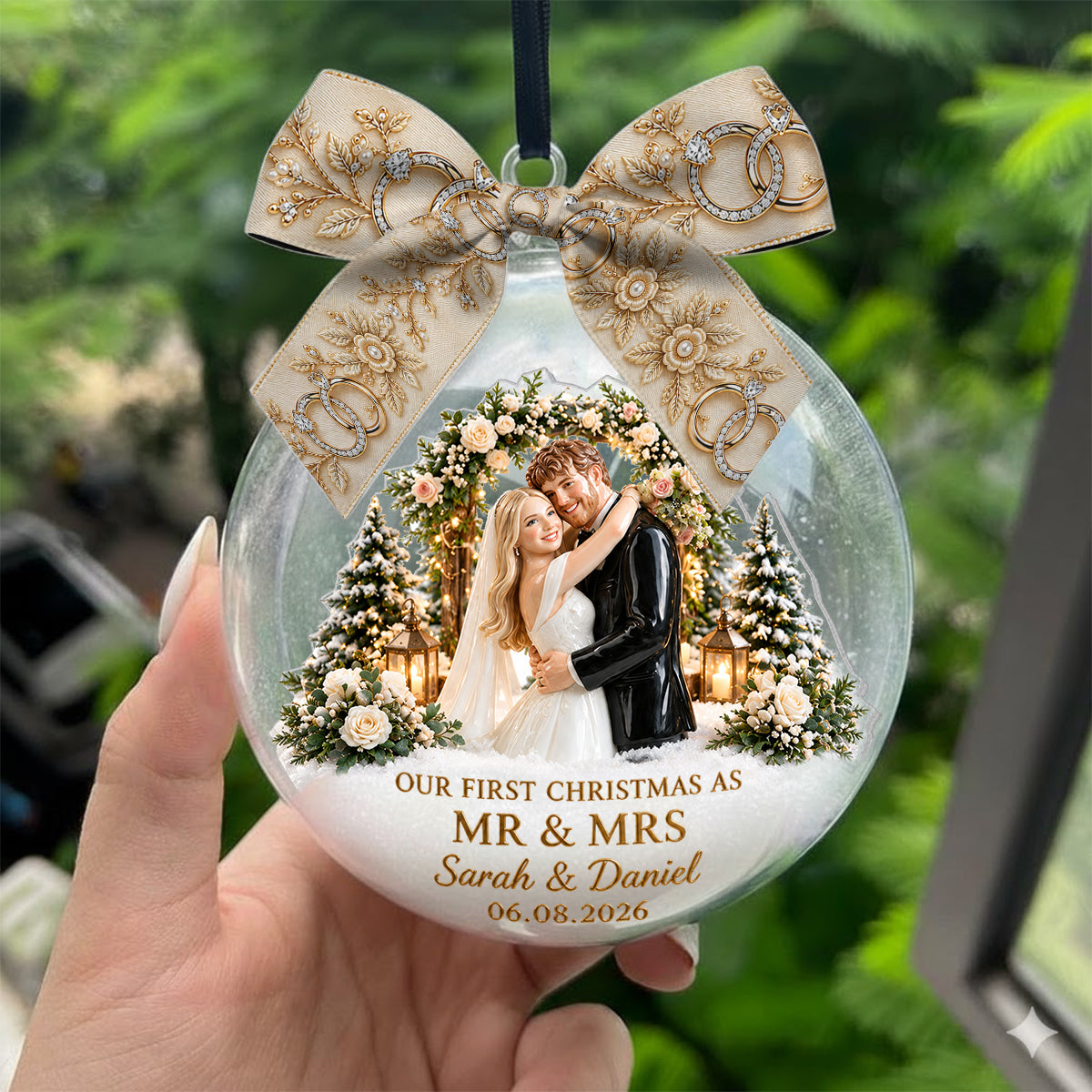 First Christmas Married - Personalized Couple Snow Globe Ornament With Bow
