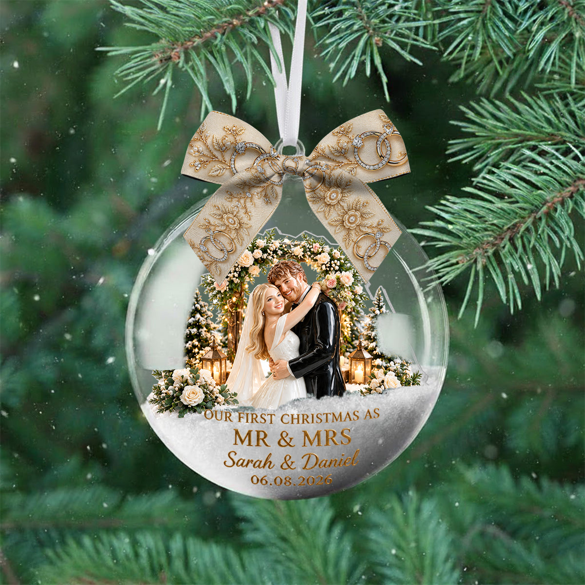 First Christmas Married - Personalized Couple Snow Globe Ornament With Bow