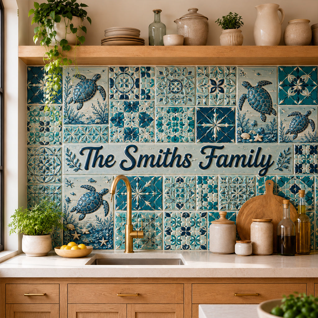 Blue Ocean Turtle Mosaic Pattern - Personalized Turtle Wall Decal