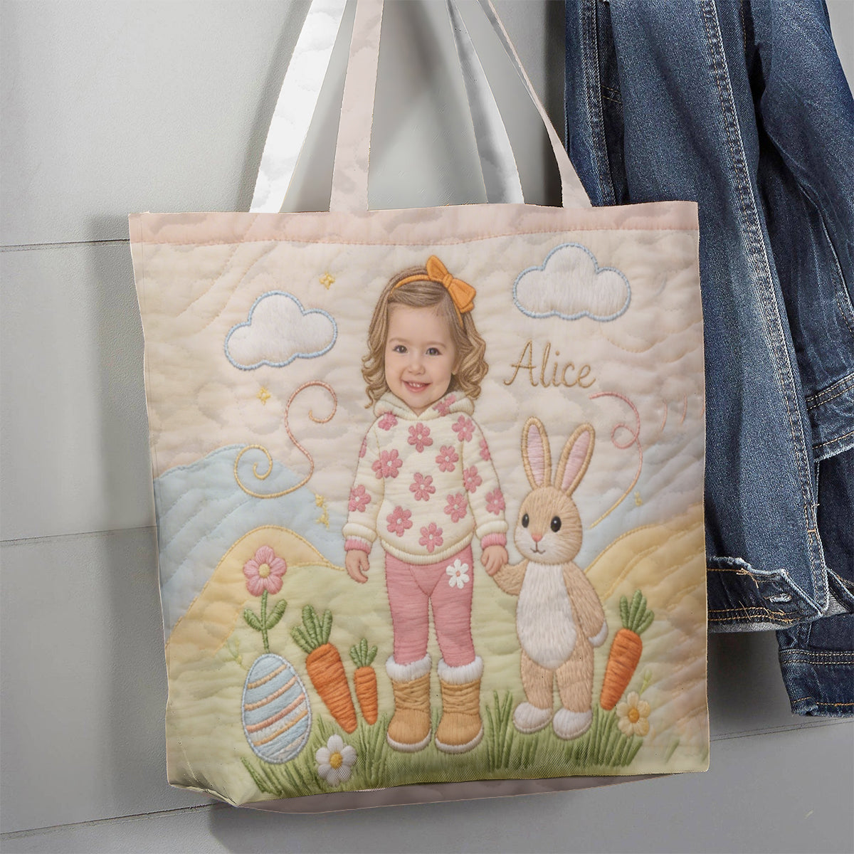 Custom Easter Bunny Tote Bag For Egg Hunt - Personalized Kid Quilted Tote Bag