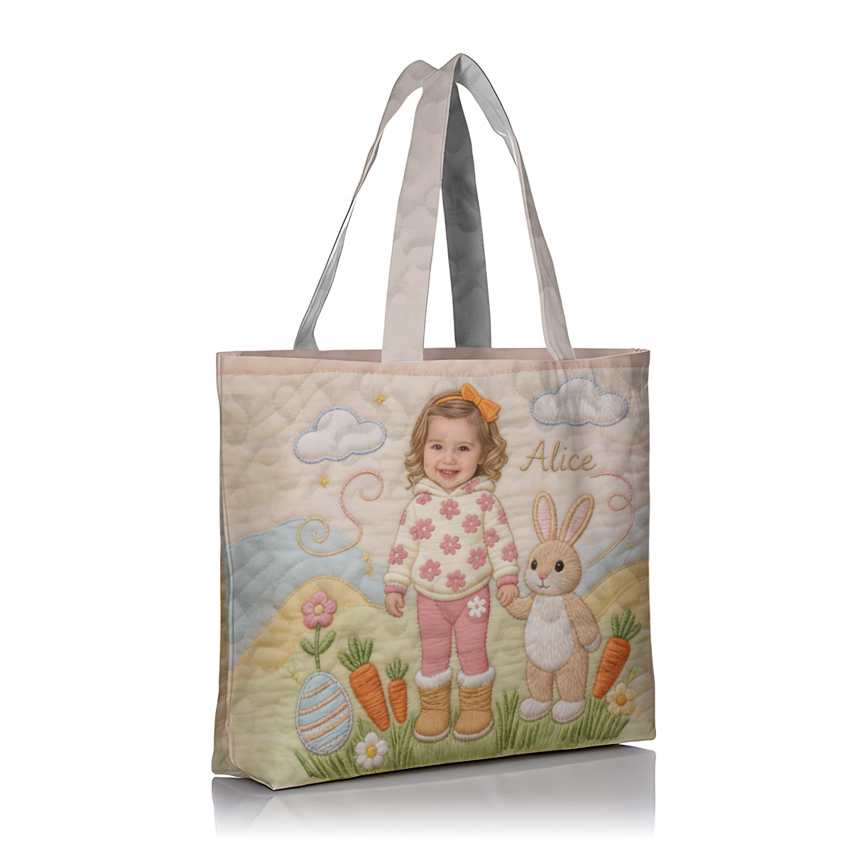 Custom Easter Bunny Tote Bag For Egg Hunt - Personalized Kid Quilted Tote Bag