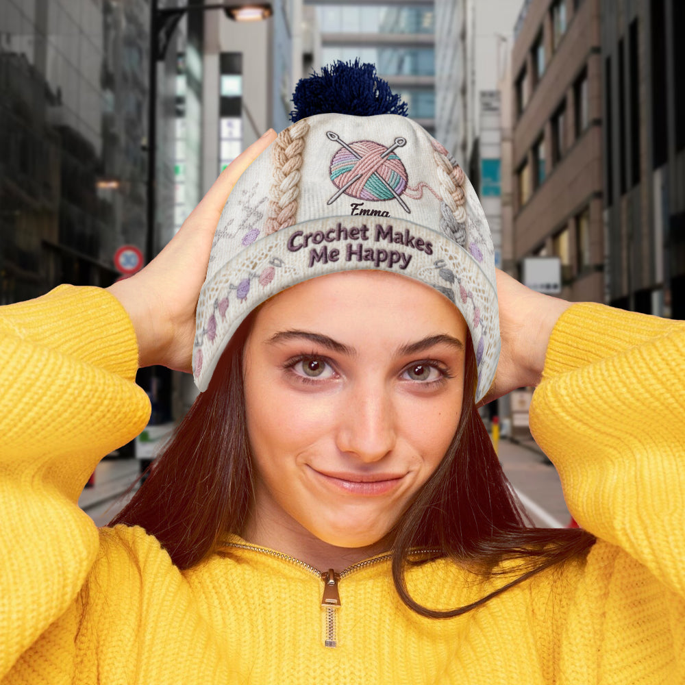 Crochet Makes Me Happy - Personalized Crocheting Beanie Hat