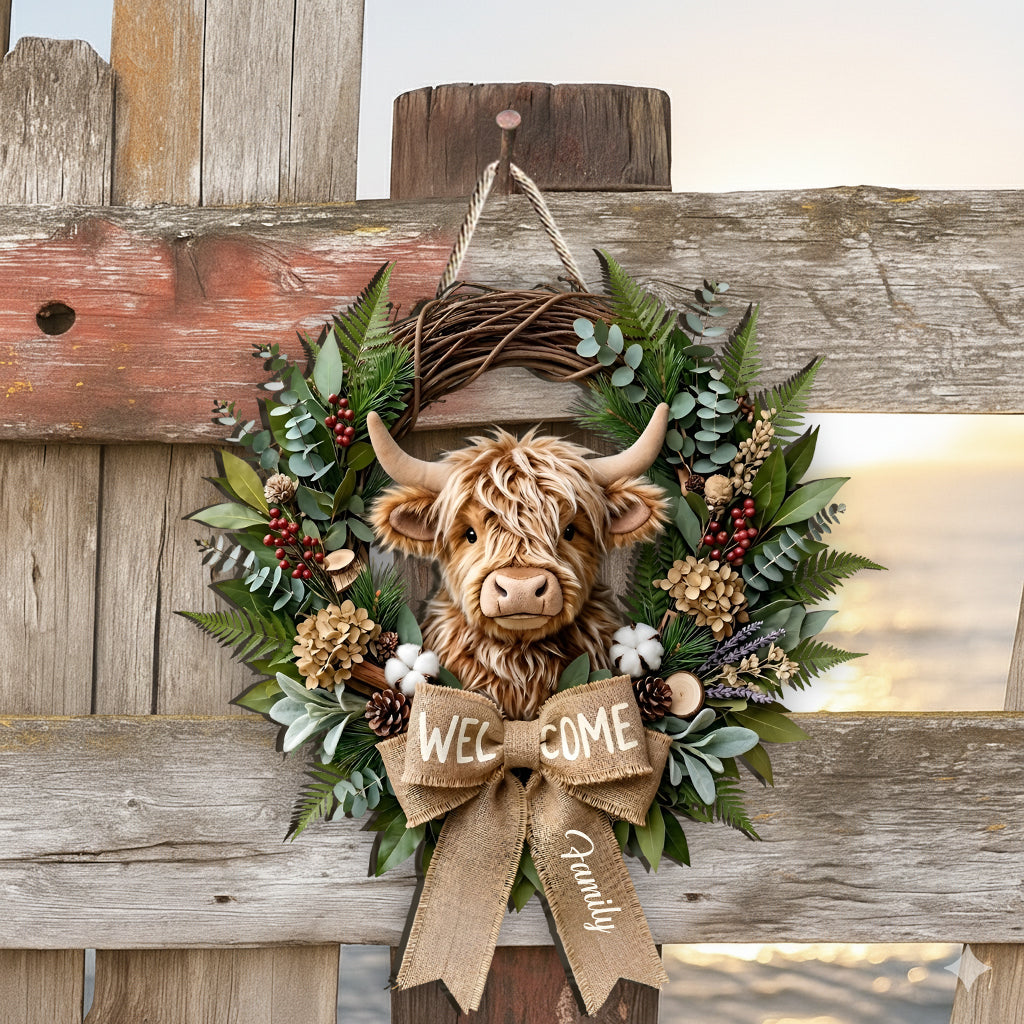 Cute Highland Cow Welcome Sign - Personalized Highland Cow Custom Shaped Wood Sign