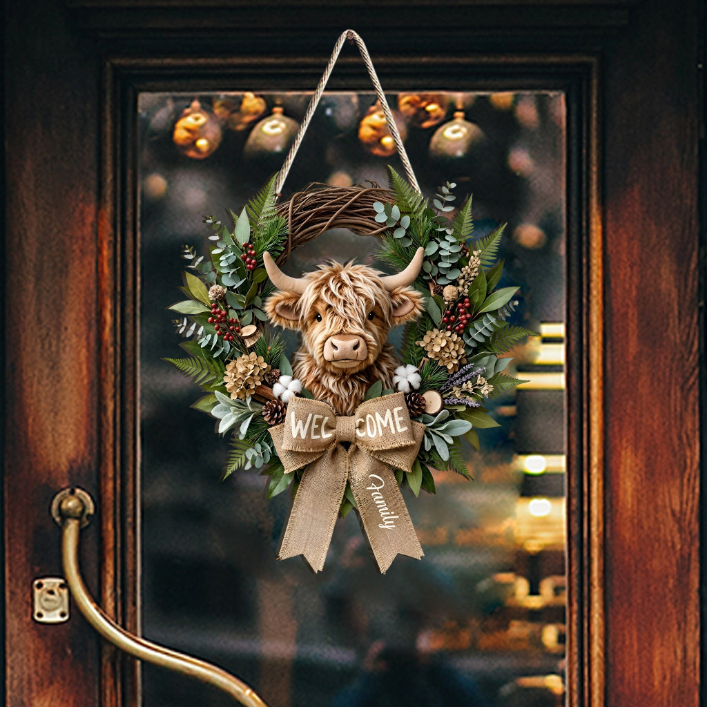 Cute Highland Cow Welcome Sign - Personalized Highland Cow Custom Shaped Wood Sign