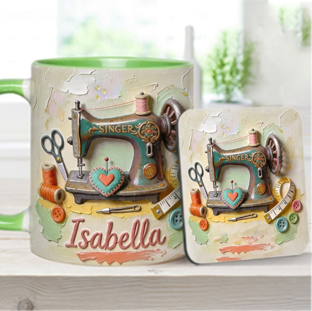 Ein Mädchen, das Nähen liebt - Personalisierte Näh-Tasse & Untersetzer