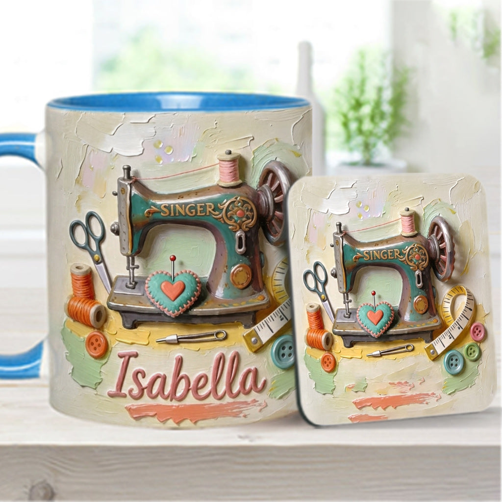 Ein Mädchen, das Nähen liebt - Personalisierte Näh-Tasse & Untersetzer