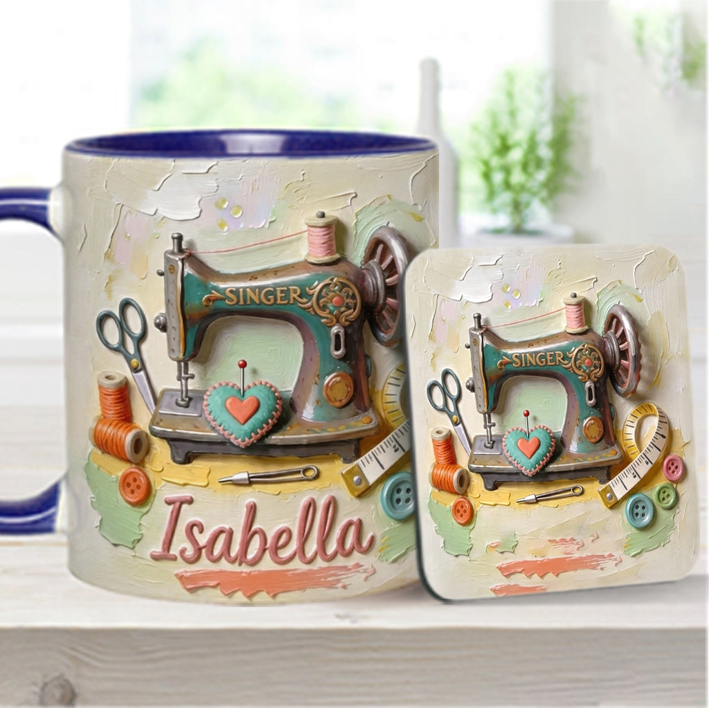 Ein Mädchen, das Nähen liebt - Personalisierte Näh-Tasse & Untersetzer