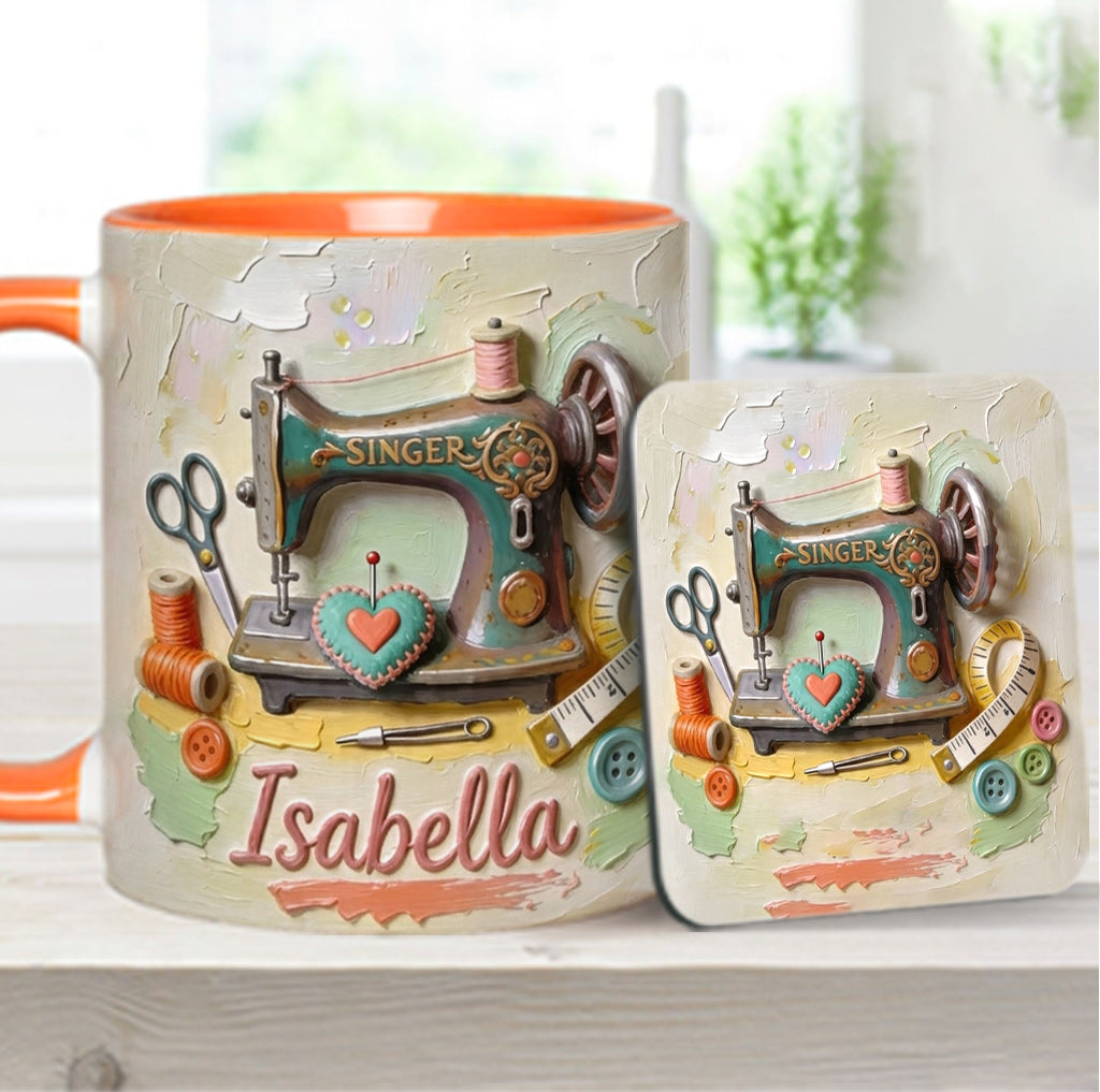 Ein Mädchen, das Nähen liebt - Personalisierte Näh-Tasse & Untersetzer