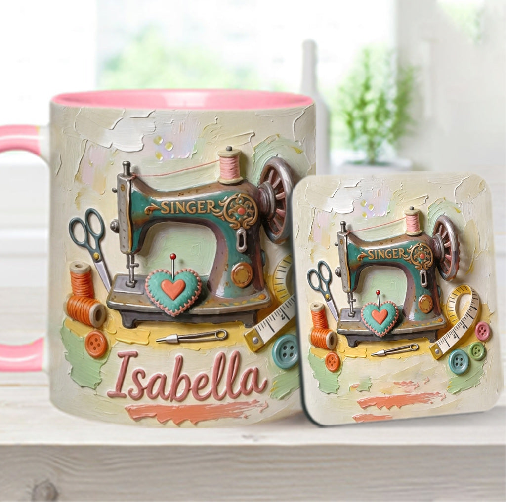 Ein Mädchen, das Nähen liebt - Personalisierte Näh-Tasse & Untersetzer