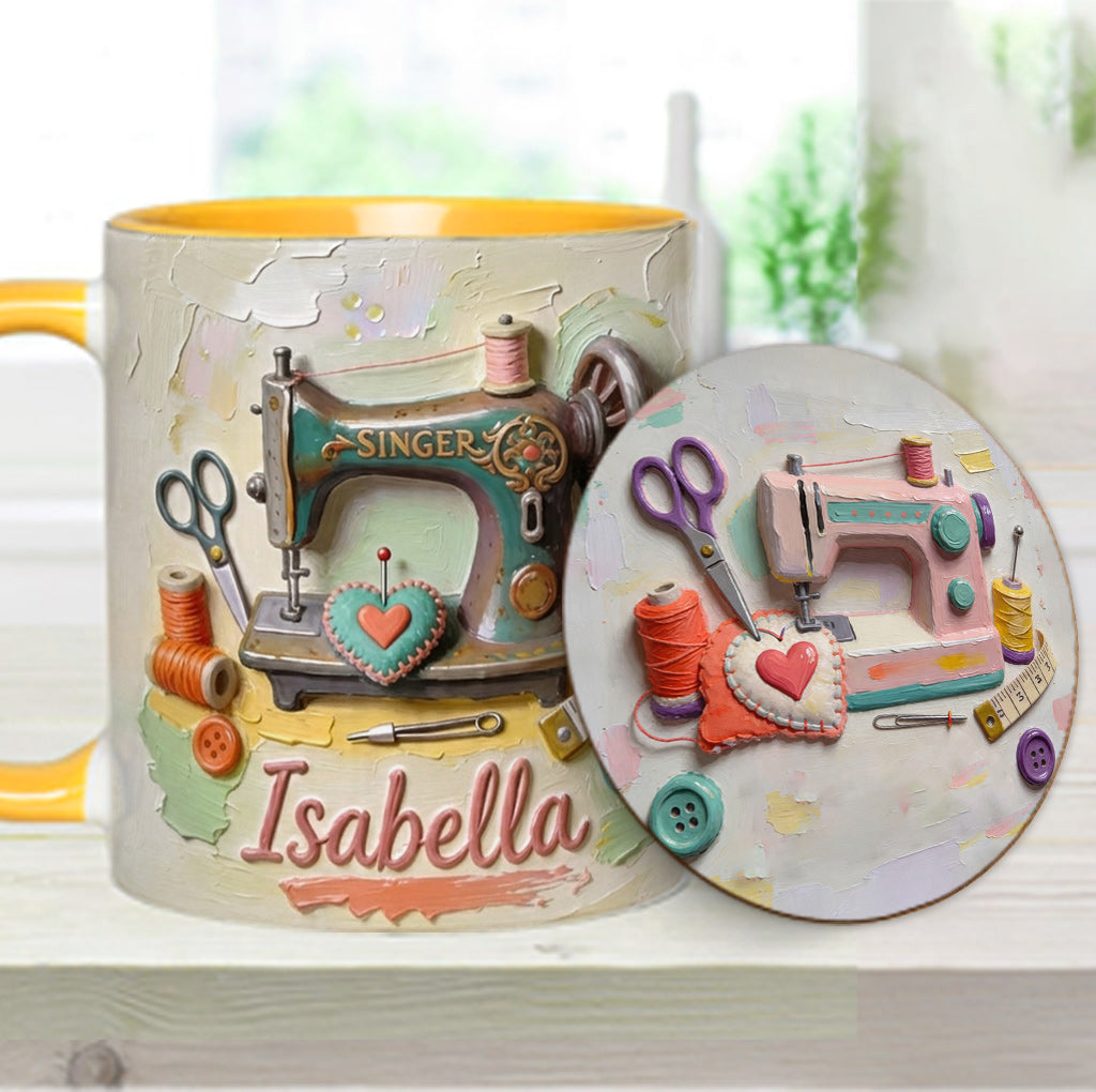 Ein Mädchen, das Nähen liebt - Personalisierte Näh-Tasse & Untersetzer