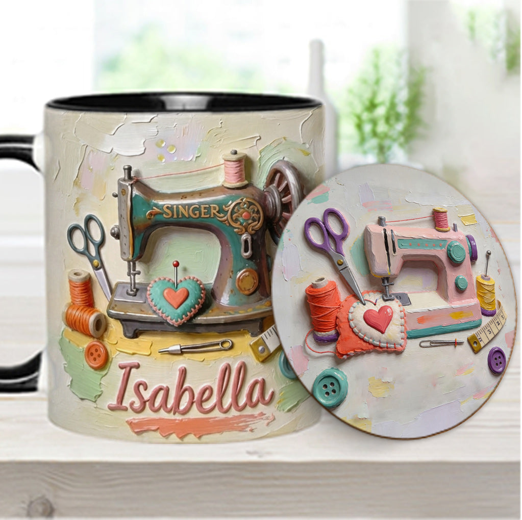 Ein Mädchen, das Nähen liebt - Personalisierte Näh-Tasse & Untersetzer