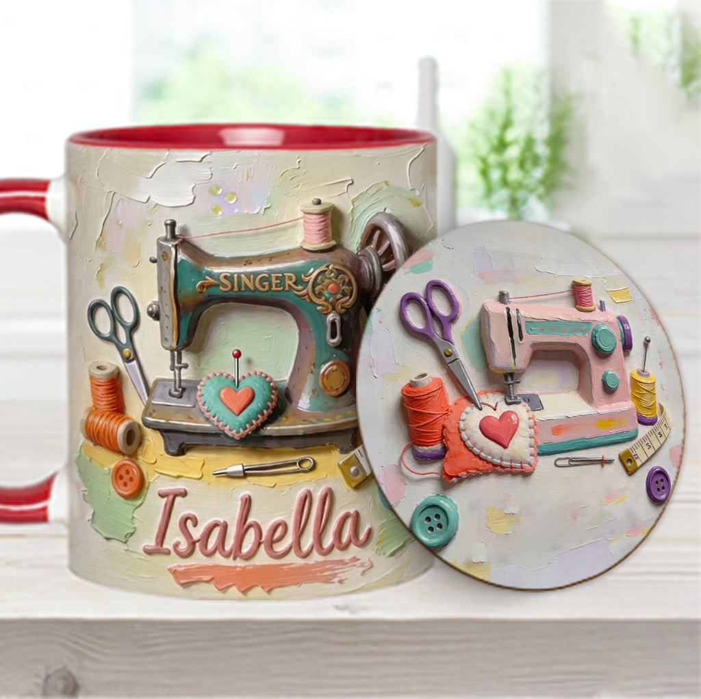 Ein Mädchen, das Nähen liebt - Personalisierte Näh-Tasse & Untersetzer