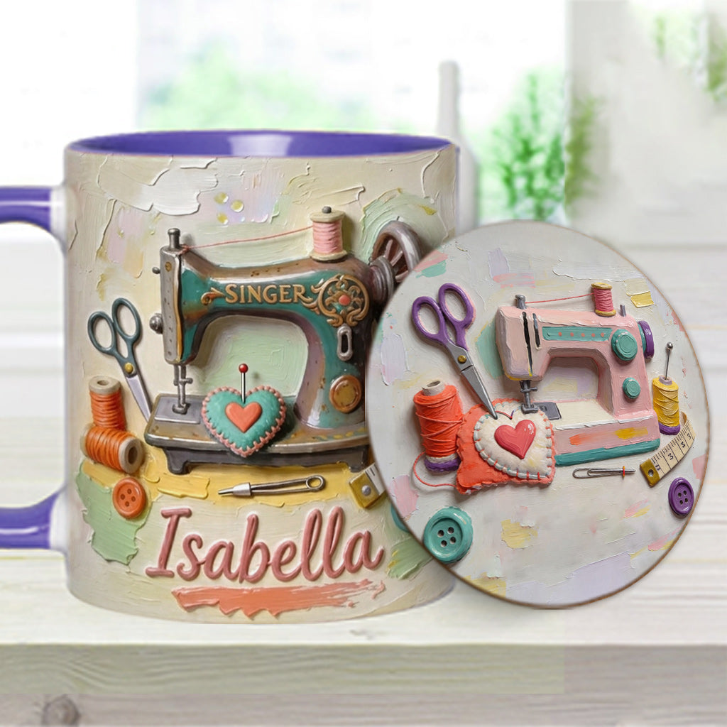 Ein Mädchen, das Nähen liebt - Personalisierte Näh-Tasse & Untersetzer