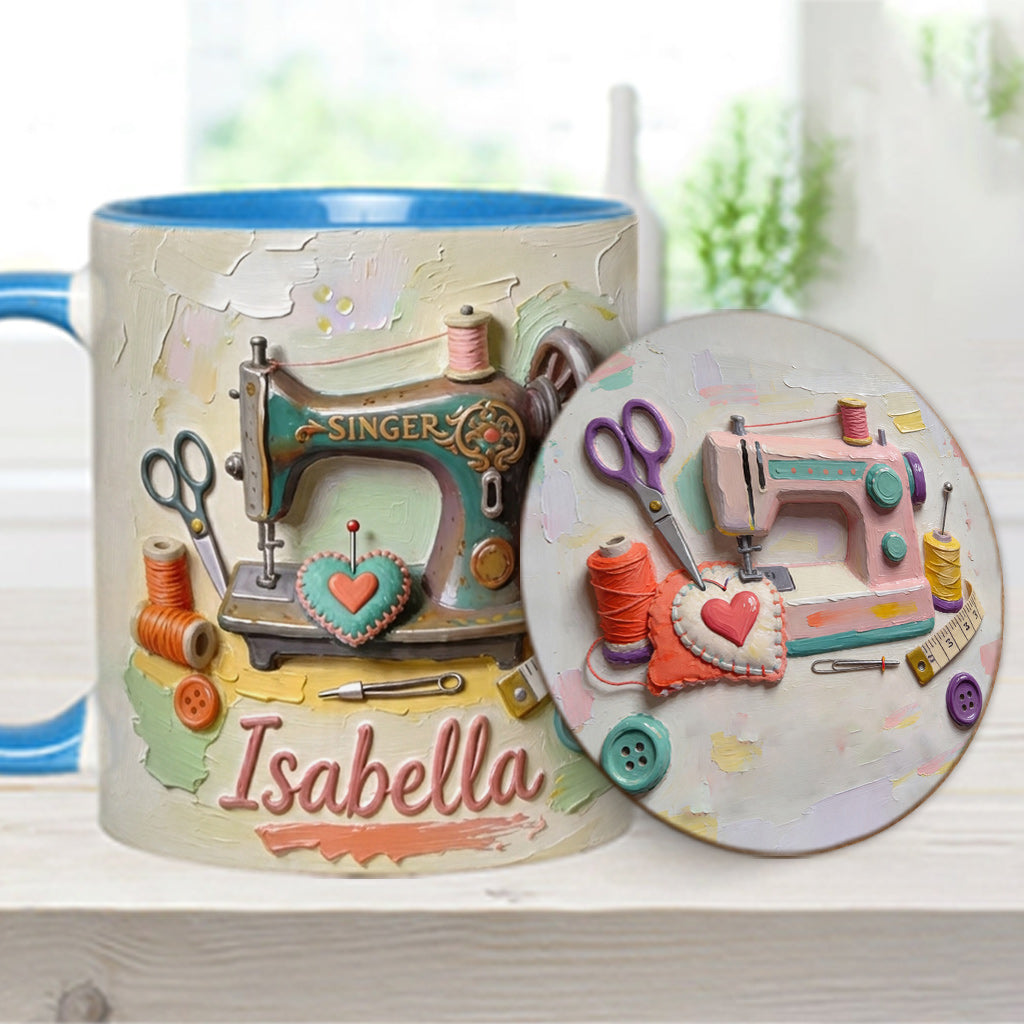 Ein Mädchen, das Nähen liebt - Personalisierte Näh-Tasse & Untersetzer