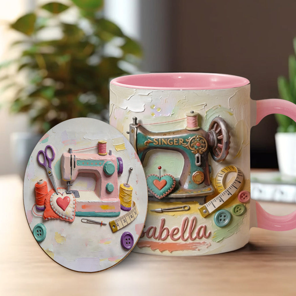 Ein Mädchen, das Nähen liebt - Personalisierte Näh-Tasse & Untersetzer